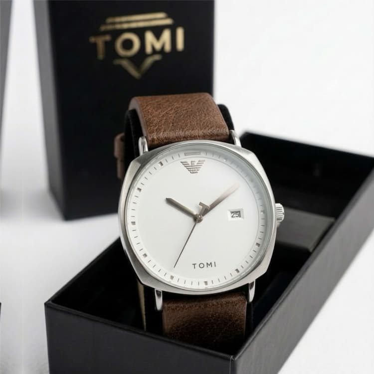 TOMI Men's Leather Cushion Case Watch