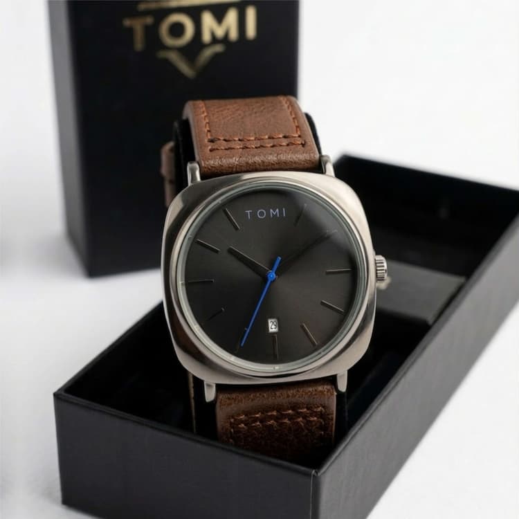 Premium TOMI Dark Dial Men's Leather Dress Watch