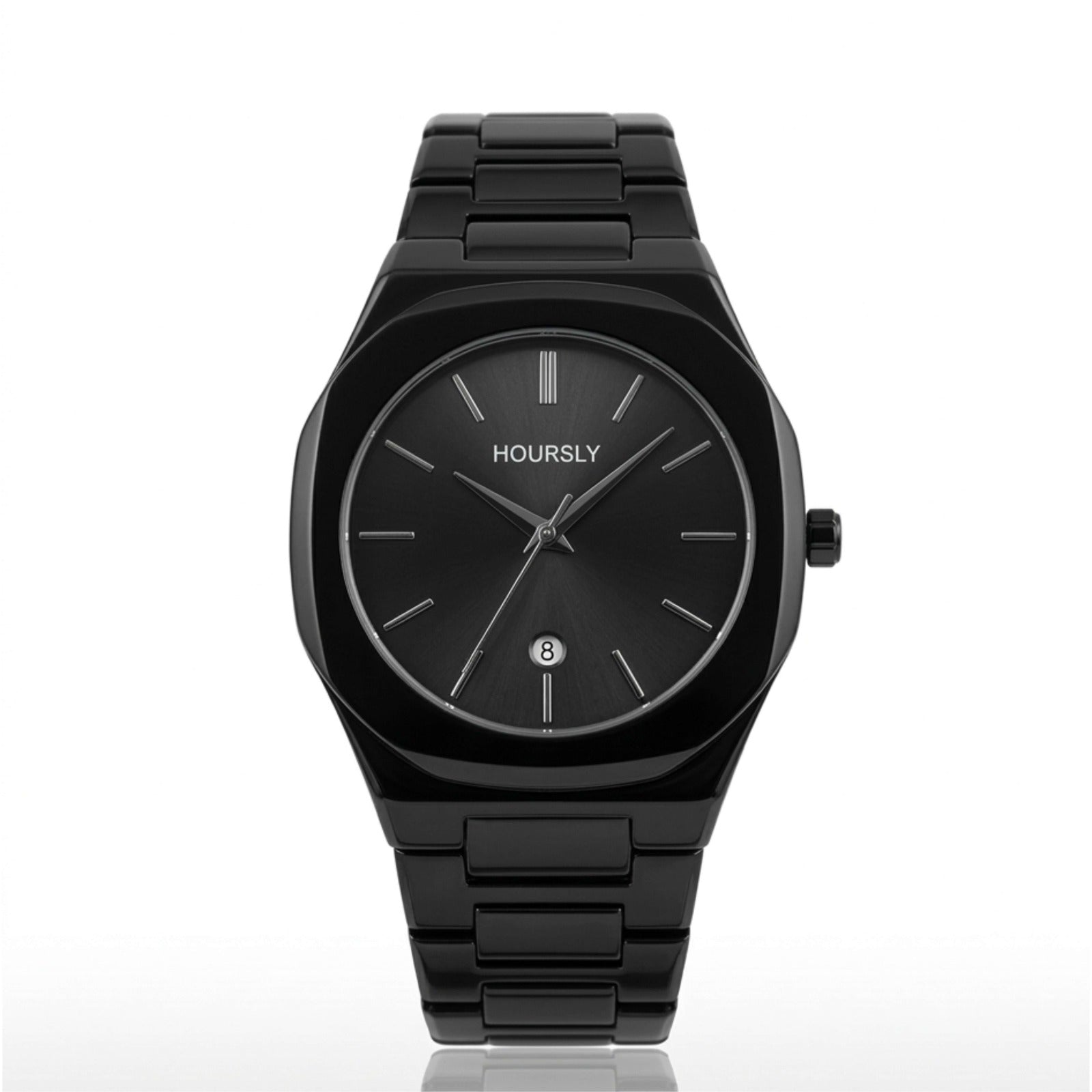 Black watch with 'HOURLY' branding on a white background