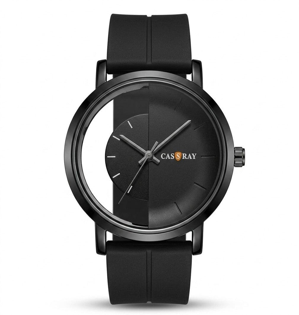 Black wristwatch with a visible brand logo on a white background