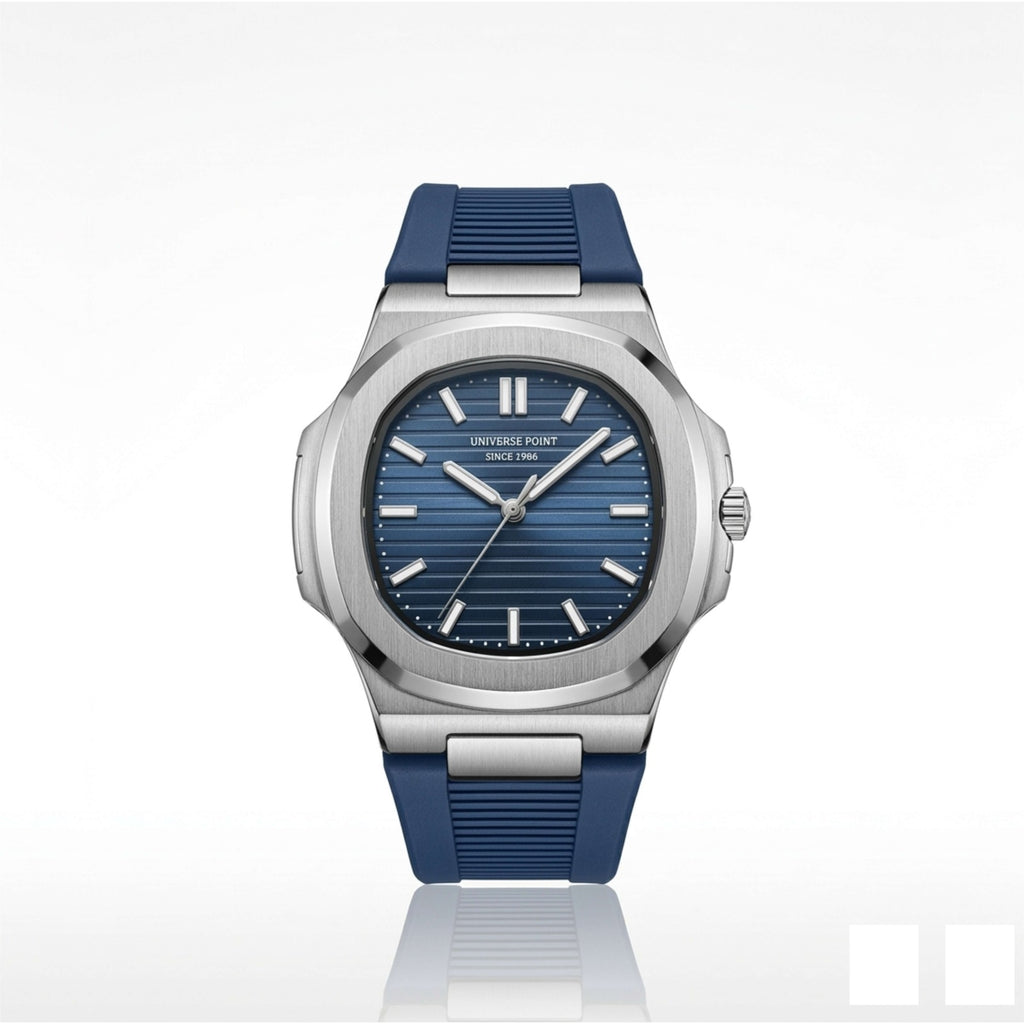 Watch with blue strap and blue dial on a white background