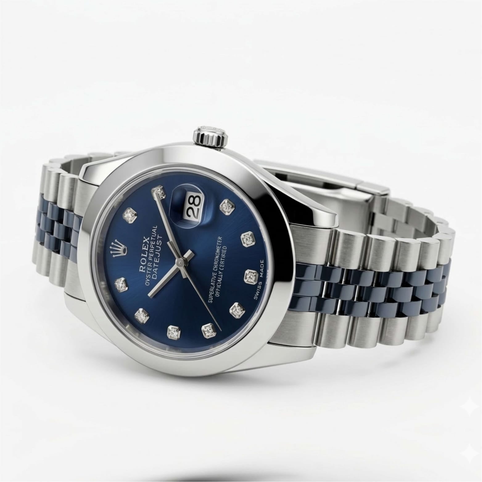 Silver watch with blue dial on a white background