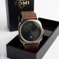Tomi watch with brown leather strap in black box