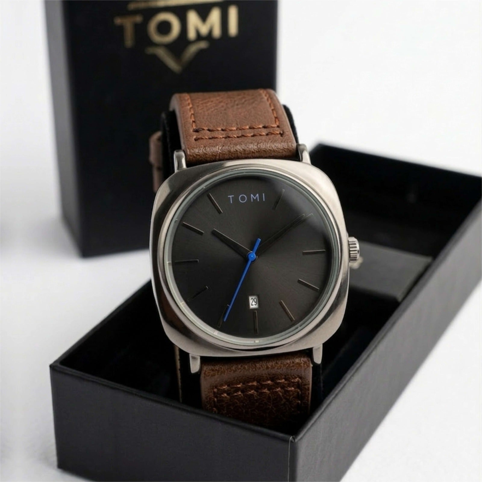 Tomi watch with brown leather strap in black box
