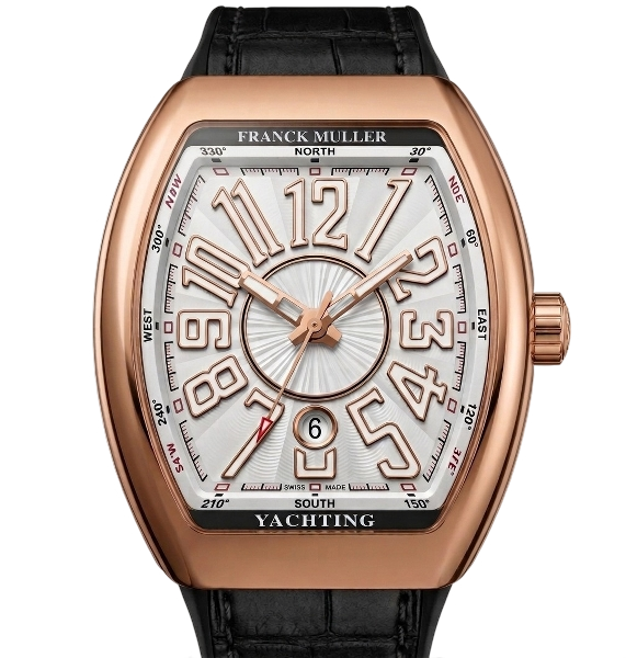Luxury Franck Muller watch with rose gold case and black leather strap 