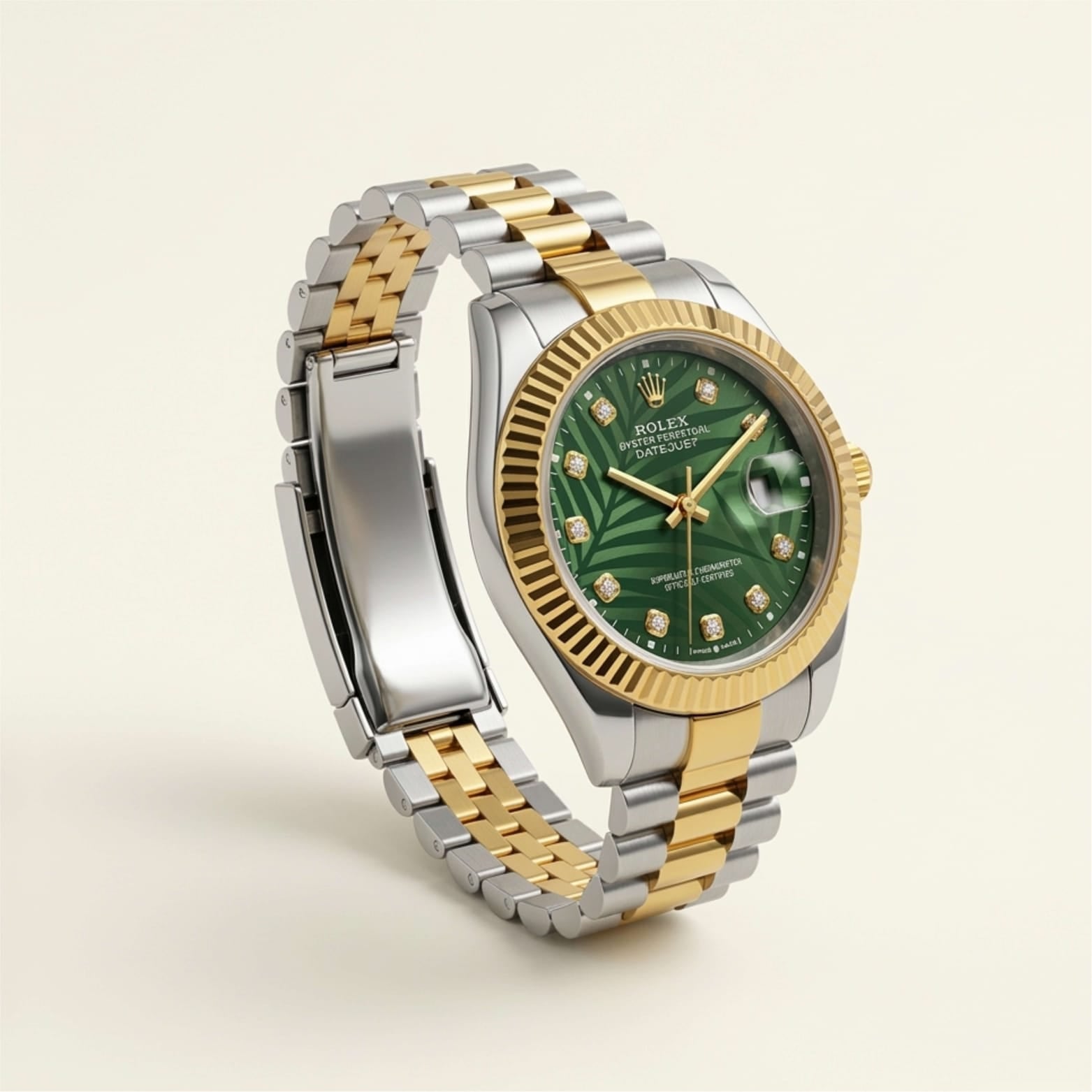 Two-tone silver and gold watch with a green dial on a beige background