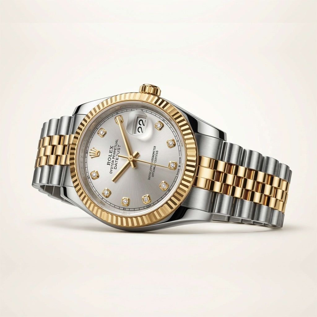 Luxury watch with silver and gold band on a light beige background