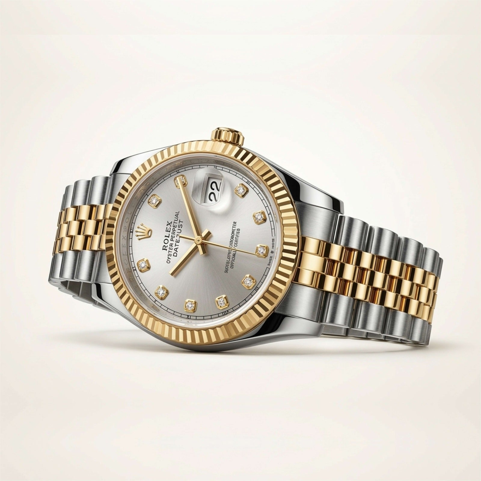 Luxury watch with silver and gold band on a light beige background