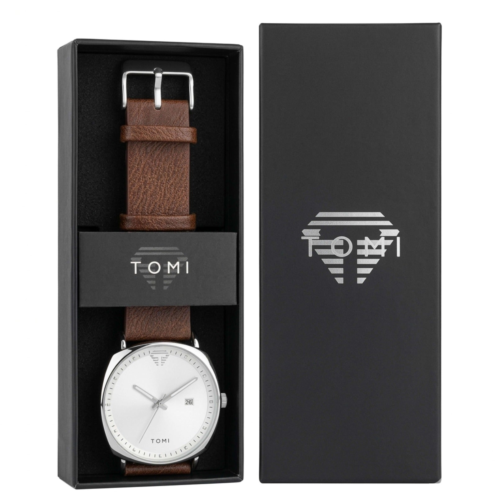 Brown strap watch with a golden dial in a black box