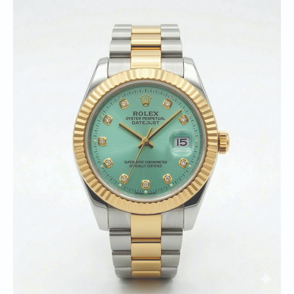 Luxury watch with green face and gold and silver band on white background