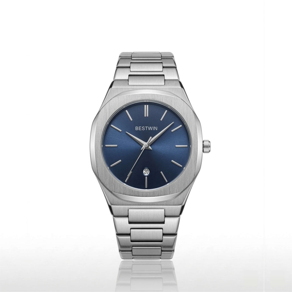 Silver watch with a blue dial on a white background