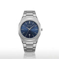 Silver watch with a blue dial on a white background