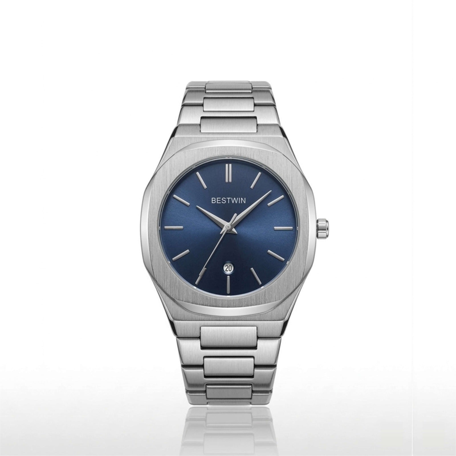 Silver watch with a blue dial on a white background