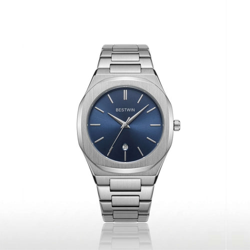Silver watch with a blue dial on a white background