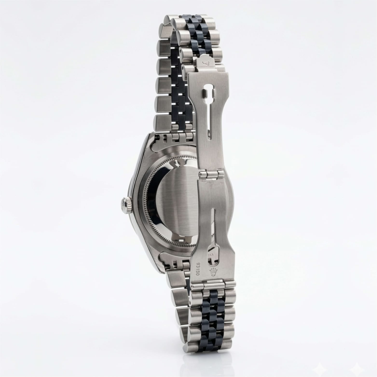 Silver watch with black carbon fiber accents on a white background